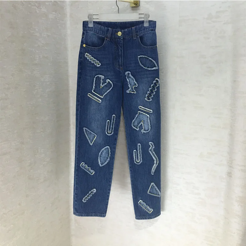 

High quality Egypt series texture pattern pattern blue denim straight pants