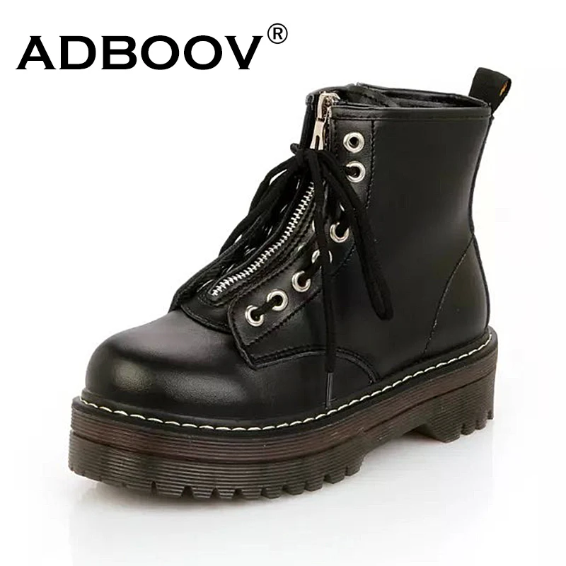 Online ADBOOV Qualität PU Leder Plattform Stiefeletten Frauen Zip Wohnung Martin Stiefel Kuh Muskel Sohle Winter Schuhe Frau Chaussures Femme