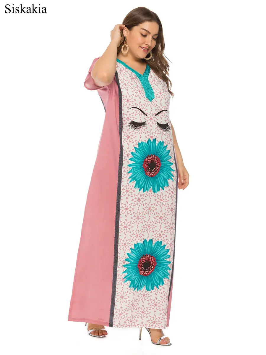 Siskakia Flower Print Plus Size Women Maxi Long Dress Vintage Loose V Neck Short Sleeve Female Dresses Blue Pink Summer 2019 New (9)