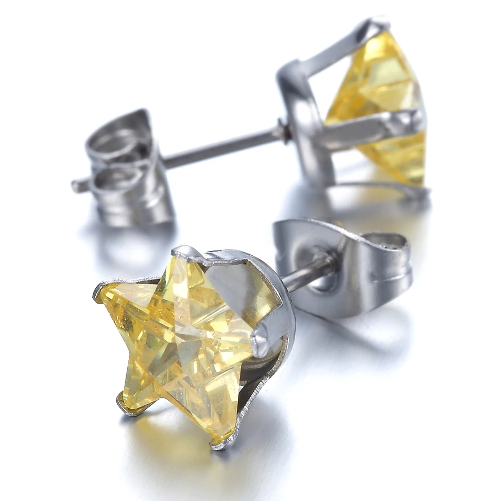 Stainless Steel Mens Ladies Earrings ,Studs, Yellow, Star, Crystal