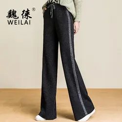 Новинка 2018 года для женщин Высокая талия широкие брюки Modis стрейч кружево до брюки в полоску дамы черный шнурок Palazzo мотобрюки плюс размеры