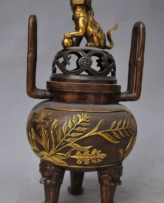 

14"chinese buddhism Bronze Gilt foo dog beast bird statue incense burner Censer