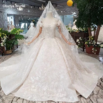 

HTL326 princess Wedding Dress with bridal veil puff sleeve lace up back handmade wedding gown with metallic line trajes de novia