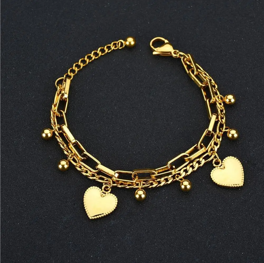 Auxauxme Регулируемый двойной слой любовь сердце браслет бусы из нержавеющей стали браслеты с подвесками для женщин подарок на день Святого Валентина - Окраска металла: Gold Color