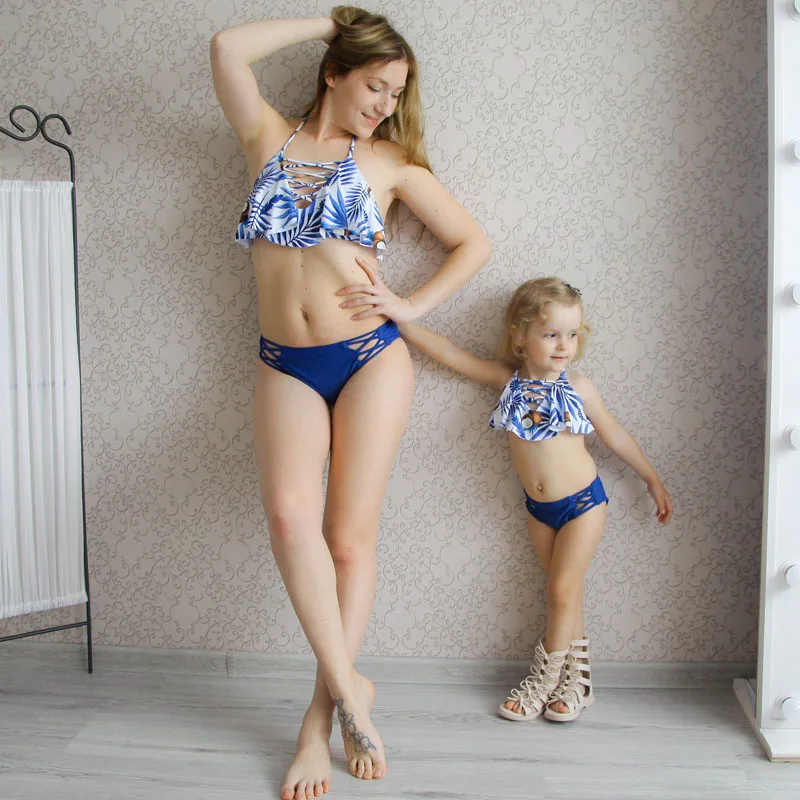 

2019 Summer Swimwear High Waist Bikini Set Mom Winter Hot Spring Swimsuit Beachwear Family Matching Clothes Mother Daughter Mum