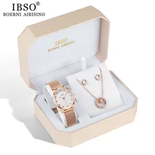 Бренд IBSO, женские часы из розового золота, серьги, ожерелье, набор, Женский комплект украшений, модные креативные кварцевые часы с кристаллами, женский подарок