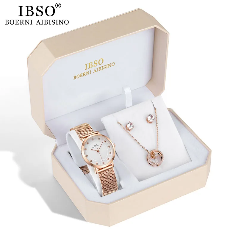 IBSO Brand Women Rose Gold Watch Earring Necklace Set Female Jewelry Fashion Creative Crystal Quartz Lady's Gift | Наручные часы