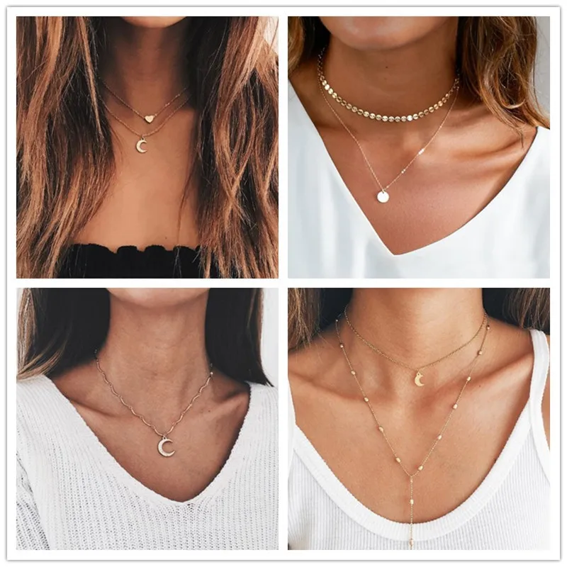 

New Boho Jewelry Multi Layer chain Necklaces for Women Sexy Moon Fashion Pendant Vintage Collier choker Necklace Gifts A48