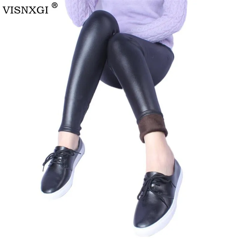 

VISNXGI Women Winter Pu Leather Push Up Leggings Warm Velvet Pant High Waist Trousers Thick Stretch Femme Pants Skinny Trousers