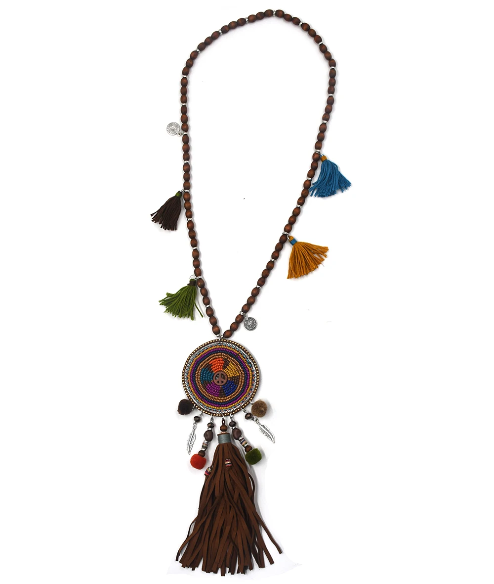 New handmade bronze leather tassel pendents necklce unique Bohemia long fringe pompoms dream catcher beads pendants Necklaces