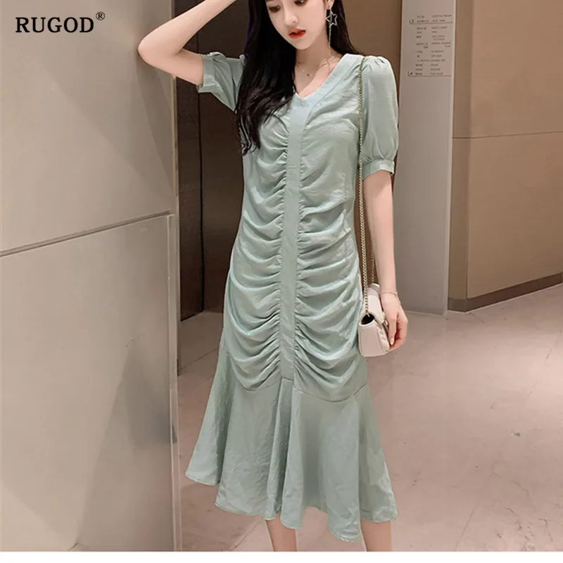

RUGOD Summer dress casual ruffle long dress Fold Korean version vestidos verano 2019 V neck slim dress women