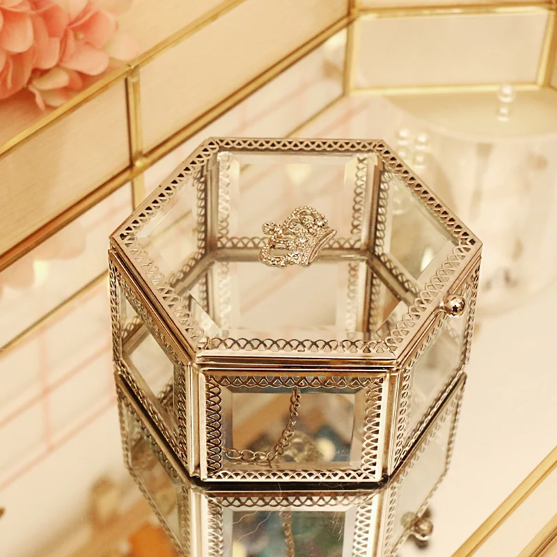 Золотая Корона стеклянная коробка для хранения ювелирные украшения для макияжа Футляр для демонстрации домашнего украшения свадебные ювелирные изделия Подарочная коробка
