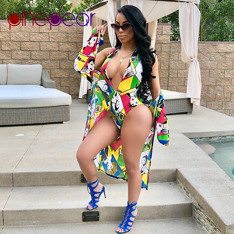 

PinePear Character Print Bikini Set and Cover Up 2 Piece Set Swimwear 2019 Women Open Back Sexy Bodysuit Beach Wear Dropshipping