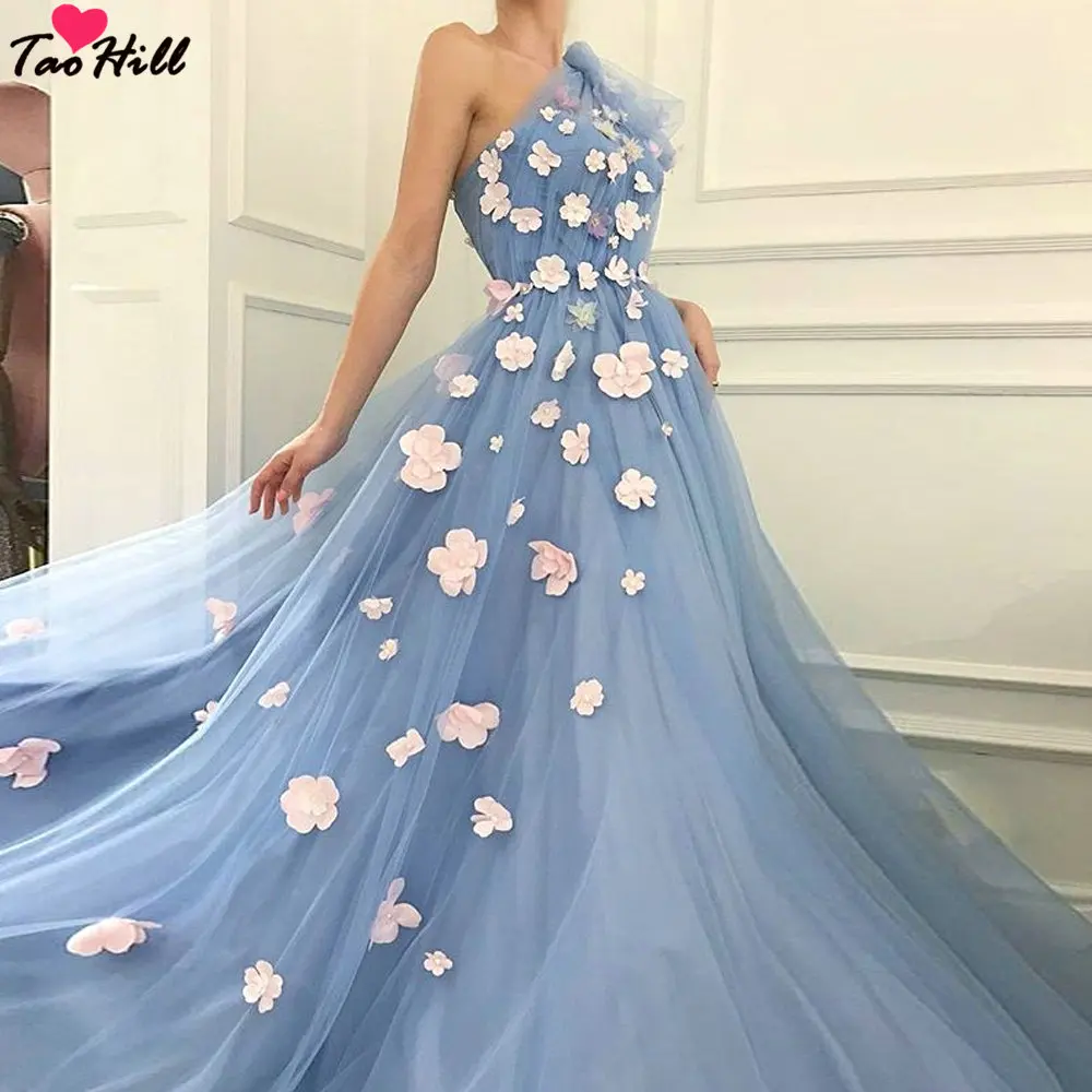 TaoHill вечерние платья, синее ТРАПЕЦИЕВИДНОЕ ПЛАТЬЕ на одно плечо ручной работы с цветочной аппликацией и складками, элегантное женское платье для свадебной вечеринки