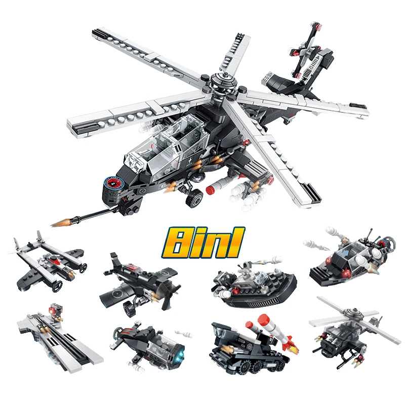 8 In 1 Military Series Building Blocks Model 3 Shapes  Armed Helicopter Vehicle Fighter Models Compatible LegoINGLYs Kids Toys