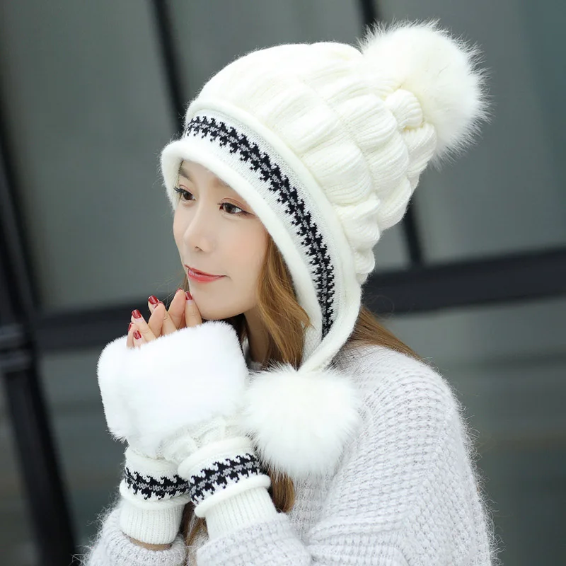 Women Winter Peruvian Beanie Hat Ski Cap Fleece Lined Ear Flaps Dual