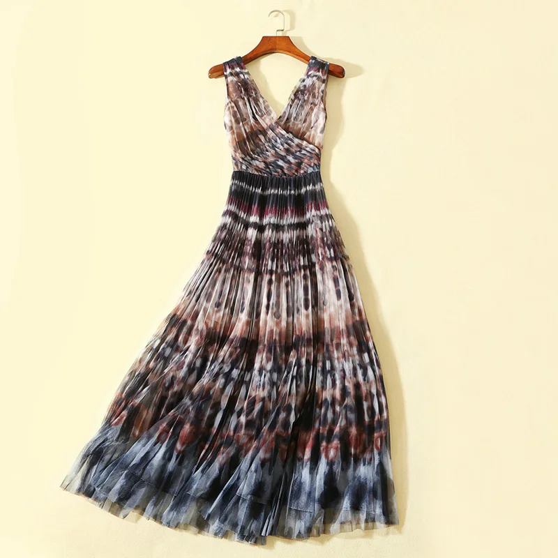 

high fashion woman elegant dresses 2019 gradient leopard print long summer dress pleated v neck open back sleeveless shirt dress