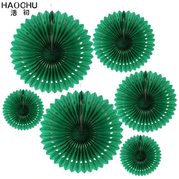 

HAOCHU 1 Set Dark Green 6pcs/lot Happy New Year Openwork Paper Fans Flower 3 Sizes Hanging Wall Wedding Birthday Party Supplies