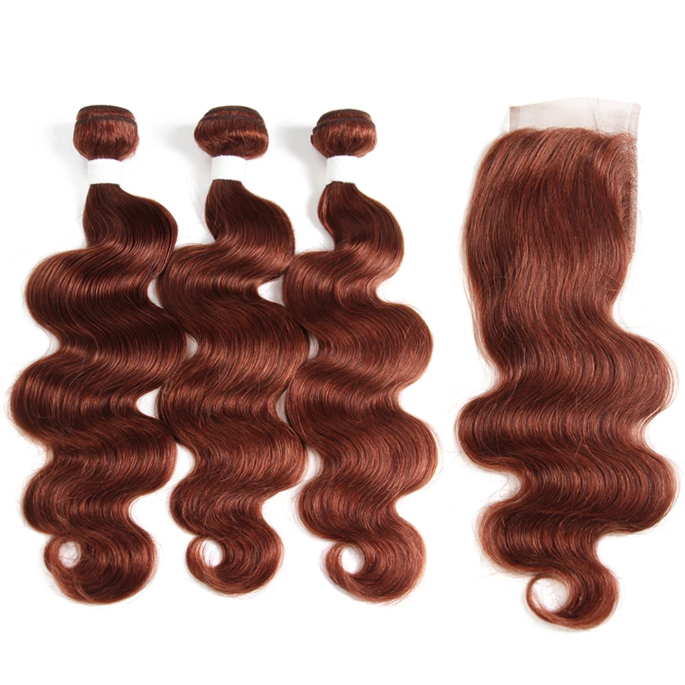 

Body Wave Bundles With Closure 4*4 Brown Auburn 3 PCS Human Hair Bundles With Closure SOKU Non-Remy Hair Weave Extensions