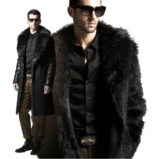 2015 Winter Faux Fur Jacket Men Slim Fit Long Mens Fur Coats For