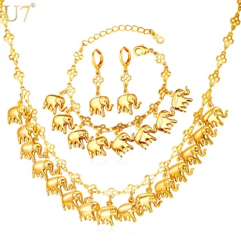 

U7 Brand Elephant Cute Charm Bracelet Earring & Necklace Set Lucky Animal Gold Color Jewelry Set For Women Gift S849