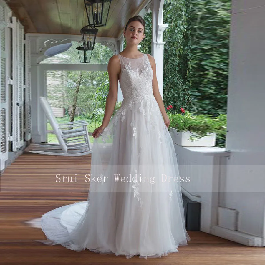 

beautiful lace illusion bodice Wedding Dress Court Train A-Line Bridal Gowns robe de mariee