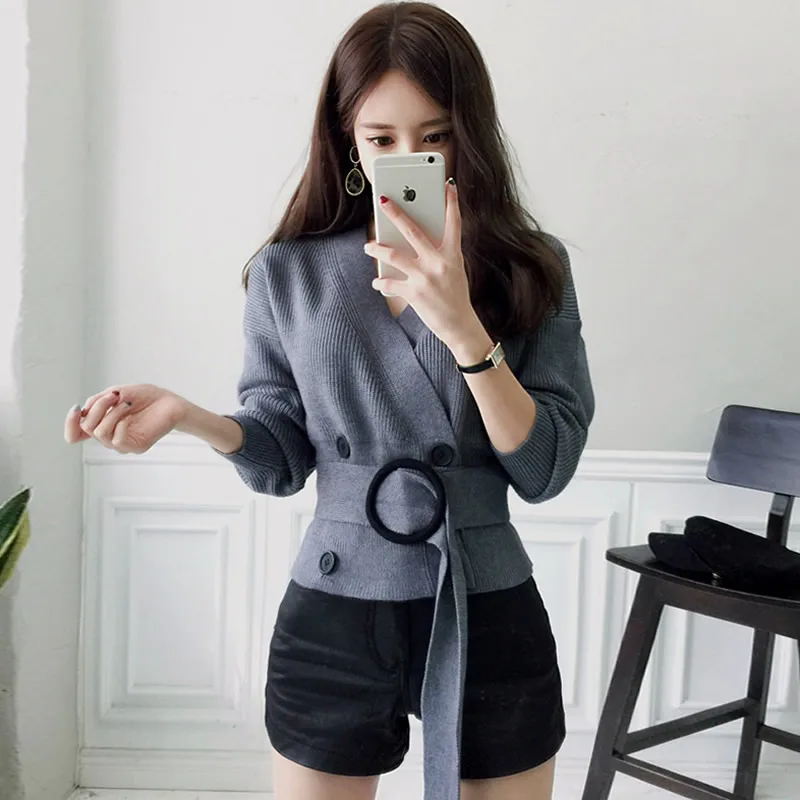 

2019 Autumn V-Neck Sashes Slim Full Sleeve Grey Women Cloth Double Breasted Knitting Sweater Coat Cardigan