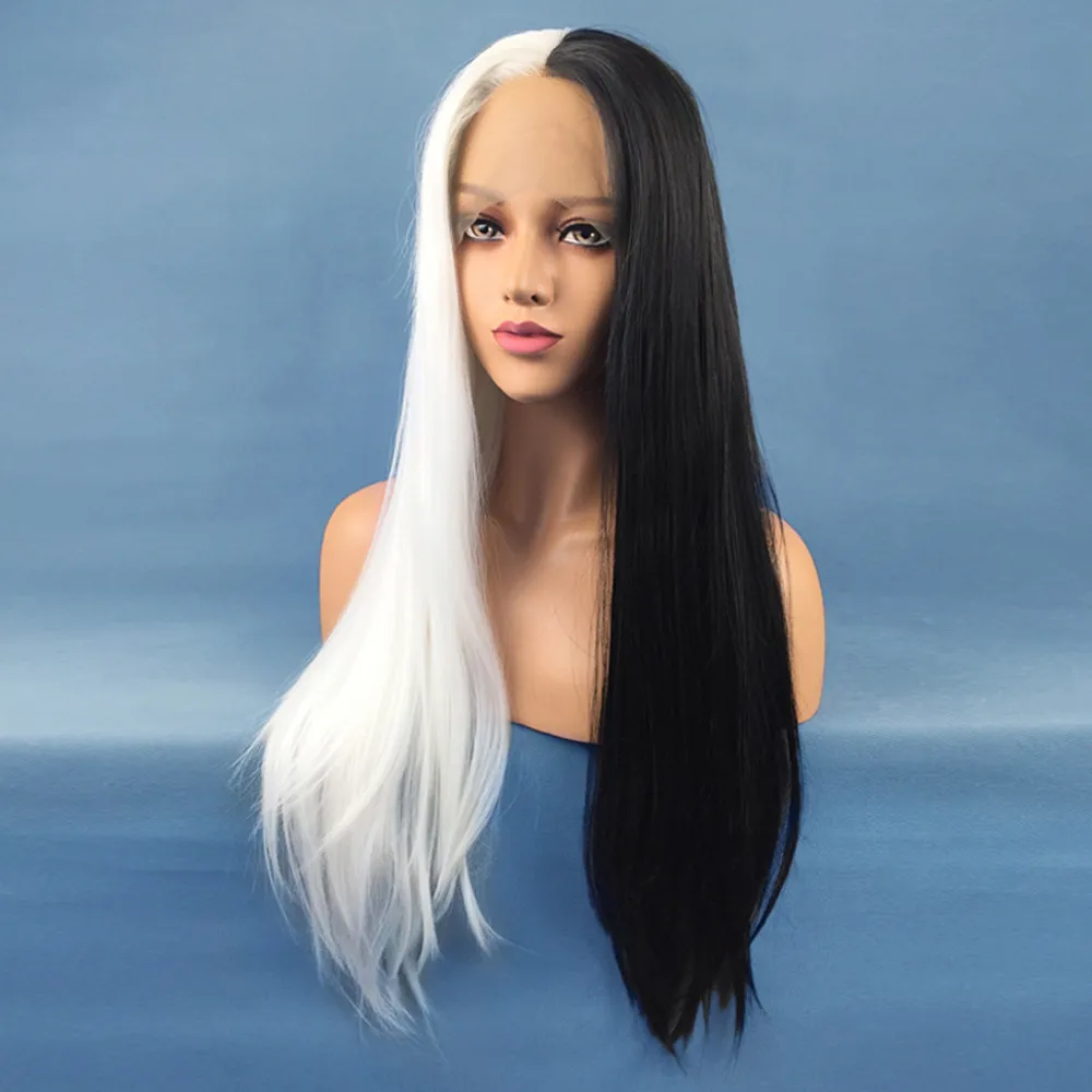 

Full Wig Long Straight Natural black and white synthetic air lace front wig Ladies Heat Resistant0928