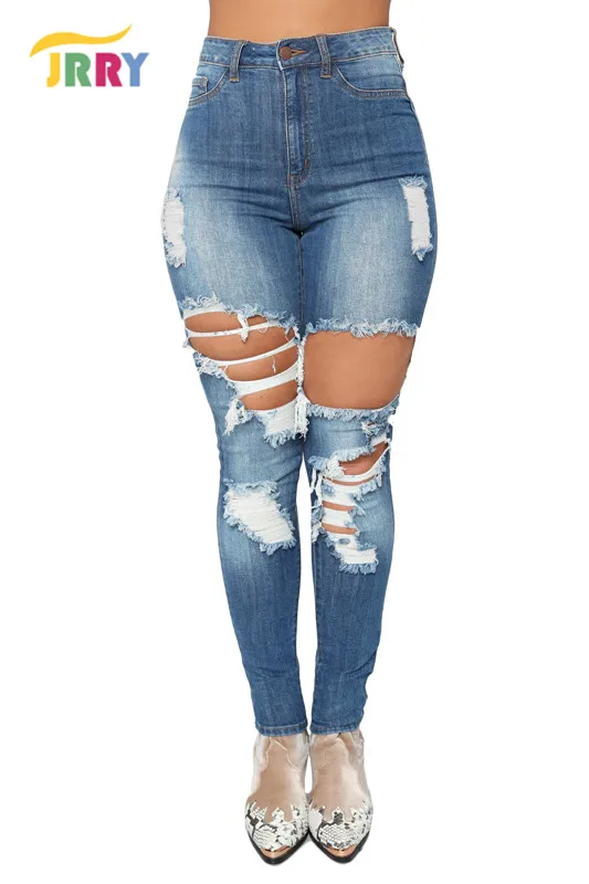 JRRY Sexy Woman Jeans Full Length Skinny High Ripped Hollow Out Jeans