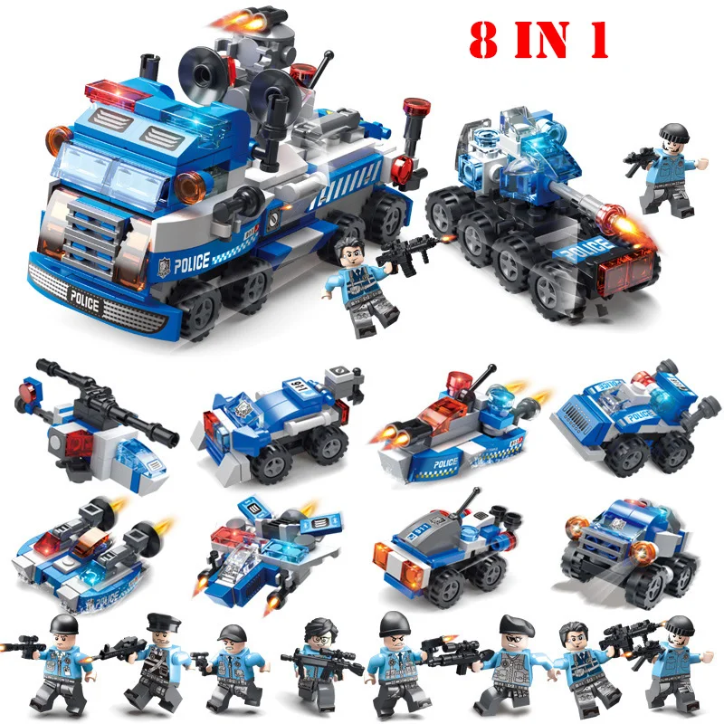 8 In1 City SWAT Police Truck Car Vehicle Building Blocks Compatible Legoings Figures Weapon Gun Bricks Toys For Children Gifts