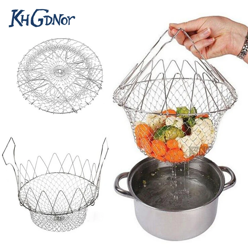 

Foldable Steam Rinse Strainer Stainless Steel Colander Magic Mesh Basket Drainer Frying French Fryer Tool Kitchen Cooking Basket