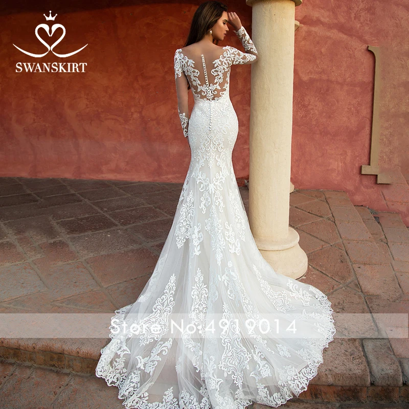 Свадебное платье 2 в 1 со съемным шлейфом,, Swanskirt, с открытыми плечами, с аппликацией, с длинным рукавом, свадебное платье, Vestido De Noiva K118