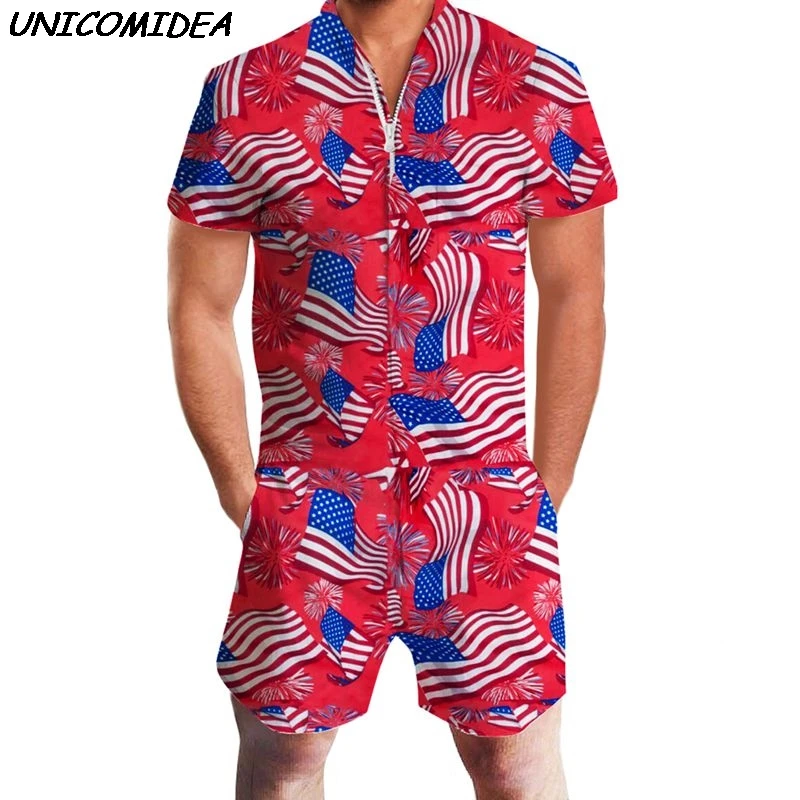 

US Flag Rompers Floral 3D Print Men Funny Jumpsuit Playsuit Male Harem Cargo Overalls Summer One Piece Beach Slim Fit Men's Sets