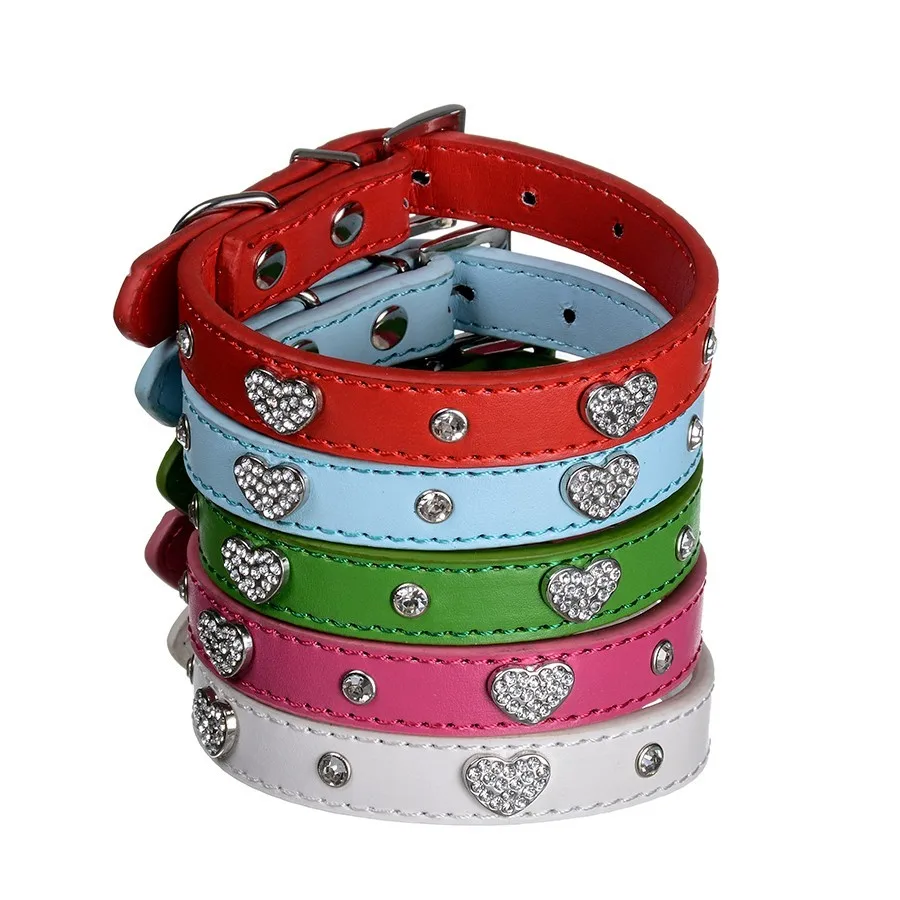 Adjustable Pu Leather Dog Collar Heart Shaped Diamante Rhinestones Pet Puppy Cat Neck Strap Red Rose Size S M | Дом и сад