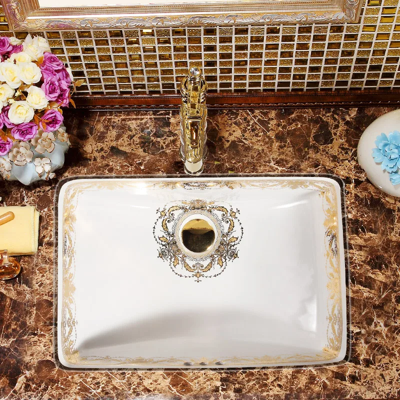 Rectangular China Artistic Procelain art countertop Lavabo handmade undercounter With Overflow Ceramic wash basin Bathroom Sink (7)