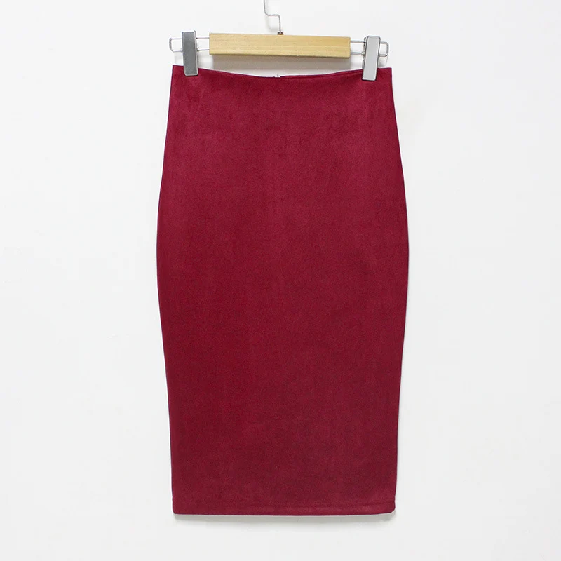 Осенняя замшевая юбка-карандаш с разрезом, Женская юбка миди, высокая талия, длина до колена, винтажные юбки для женщин, s, зимняя модная одежда для женщин - Цвет: Красный