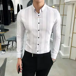 Высокое качество для мужчин рубашка бренд Slim Fit повседневное социальных мужские рубашки в деловом стиле официальная одежда полосатая Homme