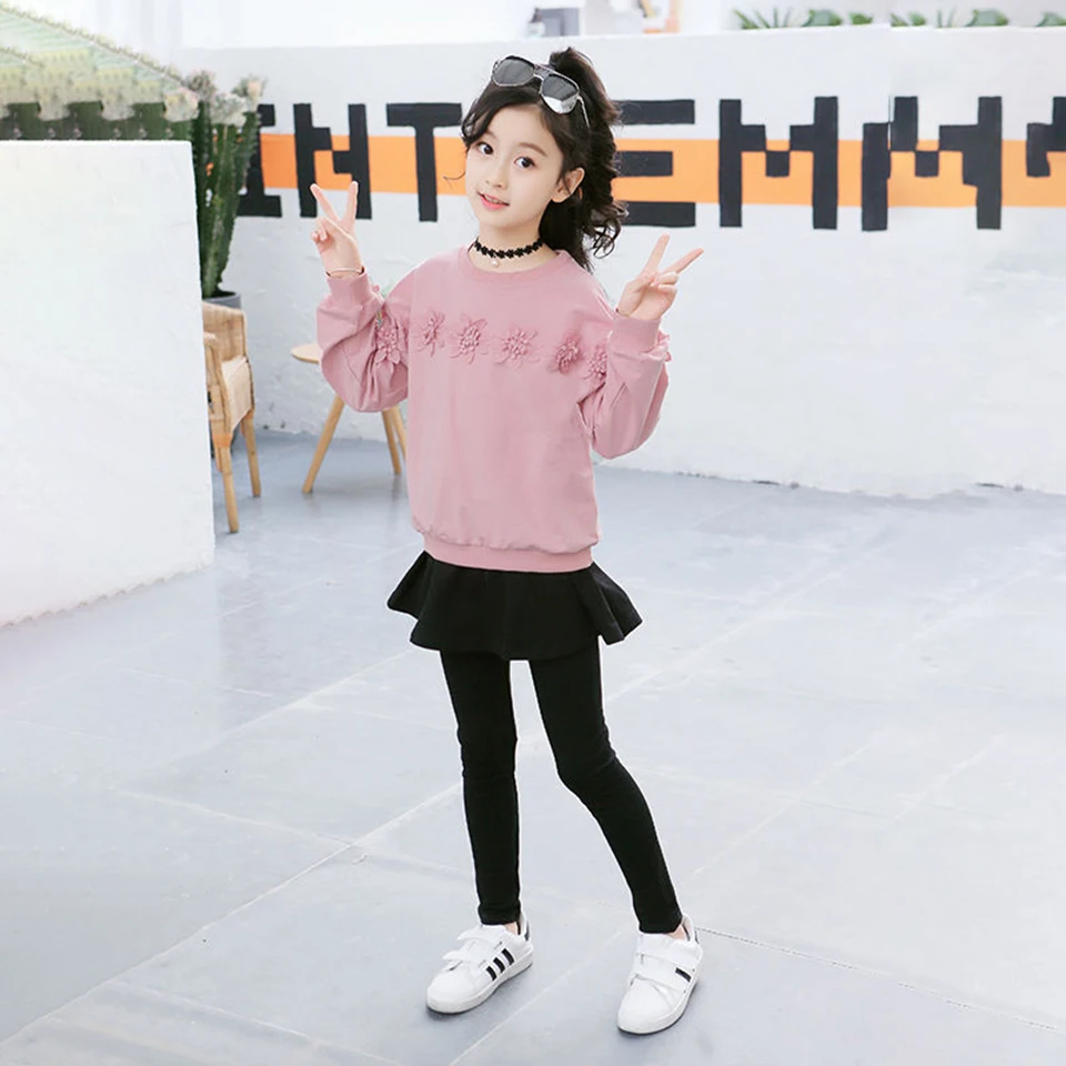  2019 Girls Spring Two Color Clothing Sets Kids Girls Suit Children Sweatshirt+ Dresses Pants 2Pcs C