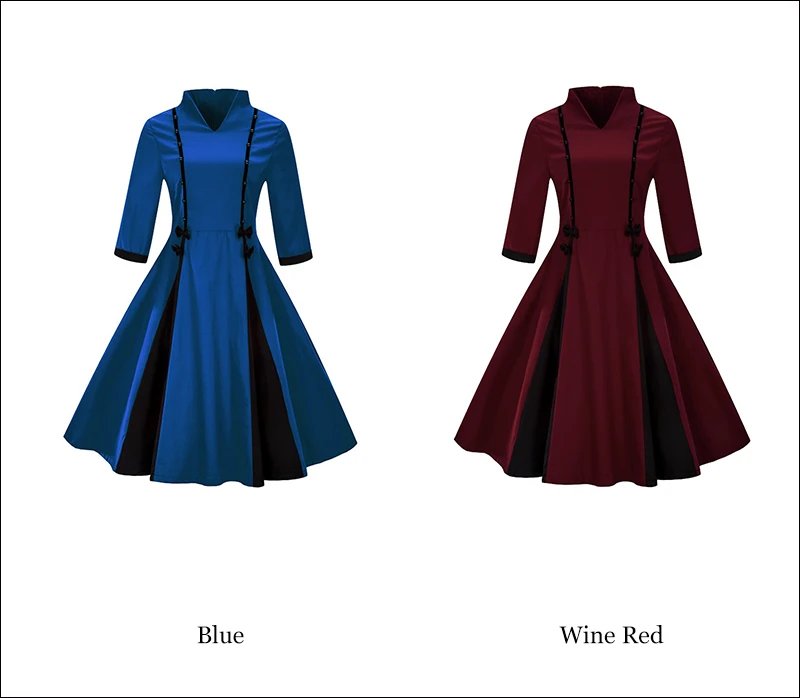 Kostlich 2017 New Autumn Dress Women V-Neck Long Sleeve Hepburn 50s Vintage Dress Patchwork Bow Style Party Dresses Plus Size (22)