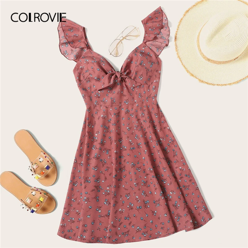 

COLROVIE Pink Ditsy Floral Knot Neck Ruffle Sweetheart Boho Short Dress Women Clothes 2019 Summer High Waist Holiday Dresses