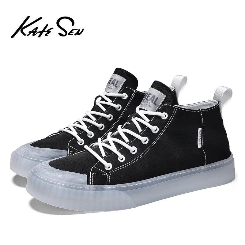 

KATESEN Men High Top Canvas Shoes For Summer Breathable Lace-up Flat Casual Shoes Hard-wearing Sneakers transparent jelly shoes