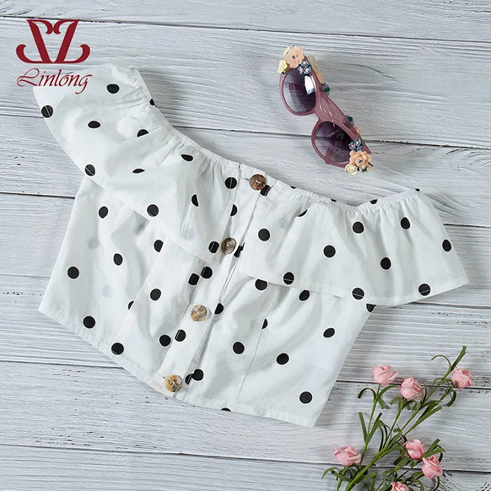 Sexy Blend Crop Top 2018 summer Autumn Off Shoulder white polka dot Crochet Women Elegant Short Tank Crop Tops Bustier B046 Tops