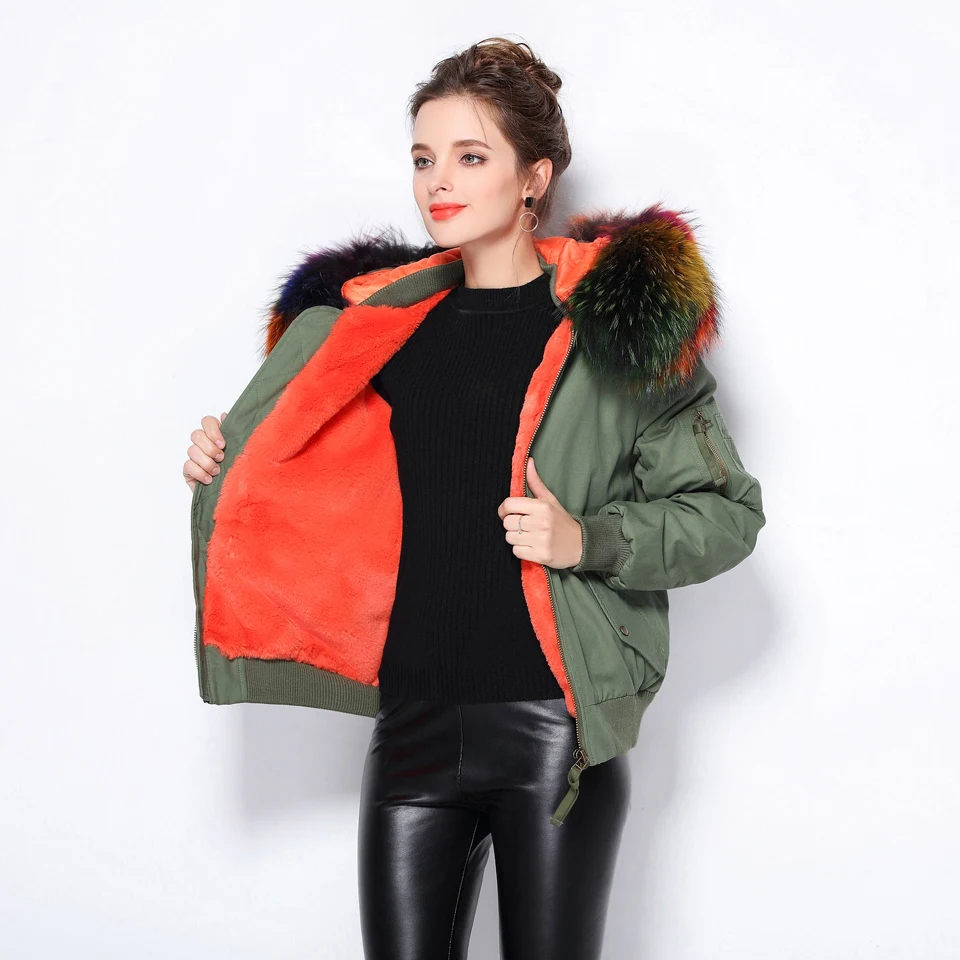 Мех Love высокой уличной моды Для женщин Армейский зеленый зима Курточка Бомбер женский теплое пальто с капюшоном большой енот Мех верхняя одежда