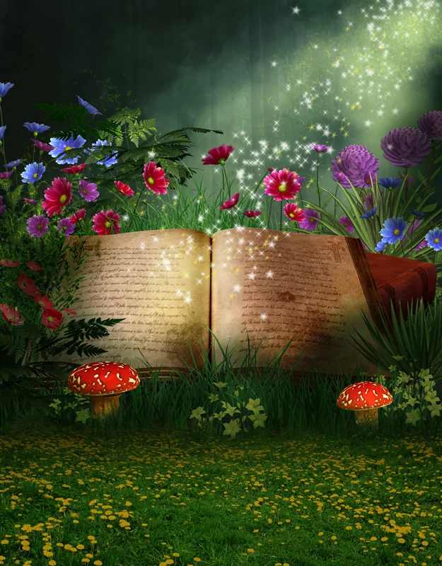 5x7FT Dark Green Fairy Forest Mushroom Flowers Grass Books Sparkles