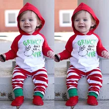 Рождественский праздничный комбинезон с длинными рукавами и надписью для новорожденных мальчиков и девочек+ штаны в полоску комплект одежды с шапочкой; Рождественский Костюм