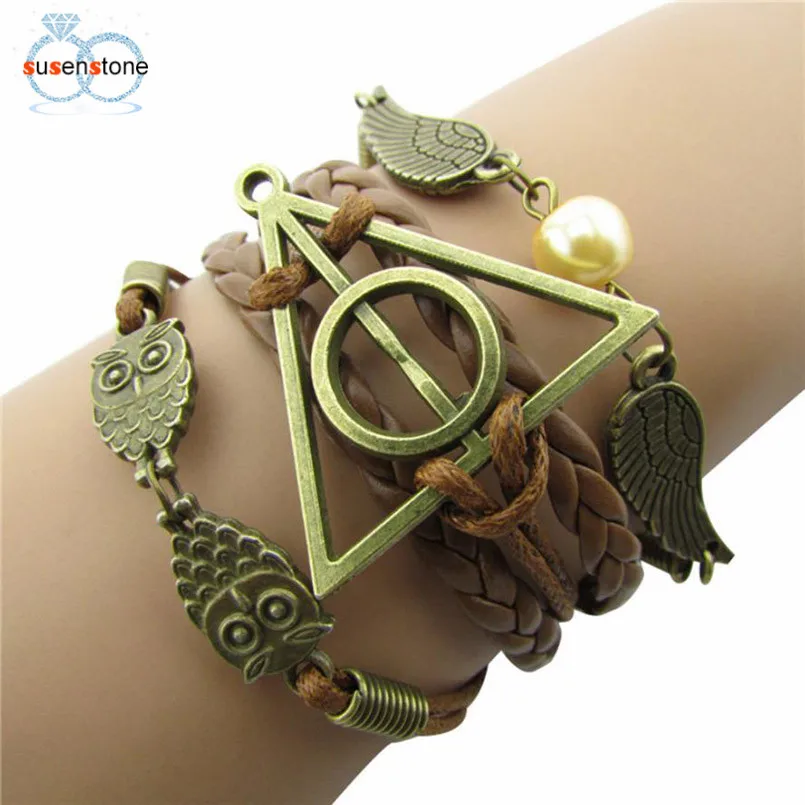 

SUSENSTONE 2017 Deathly Hallows Logo-Snitch Wings-Hedwig Pendant 3 in 1 Handmade Bracelet