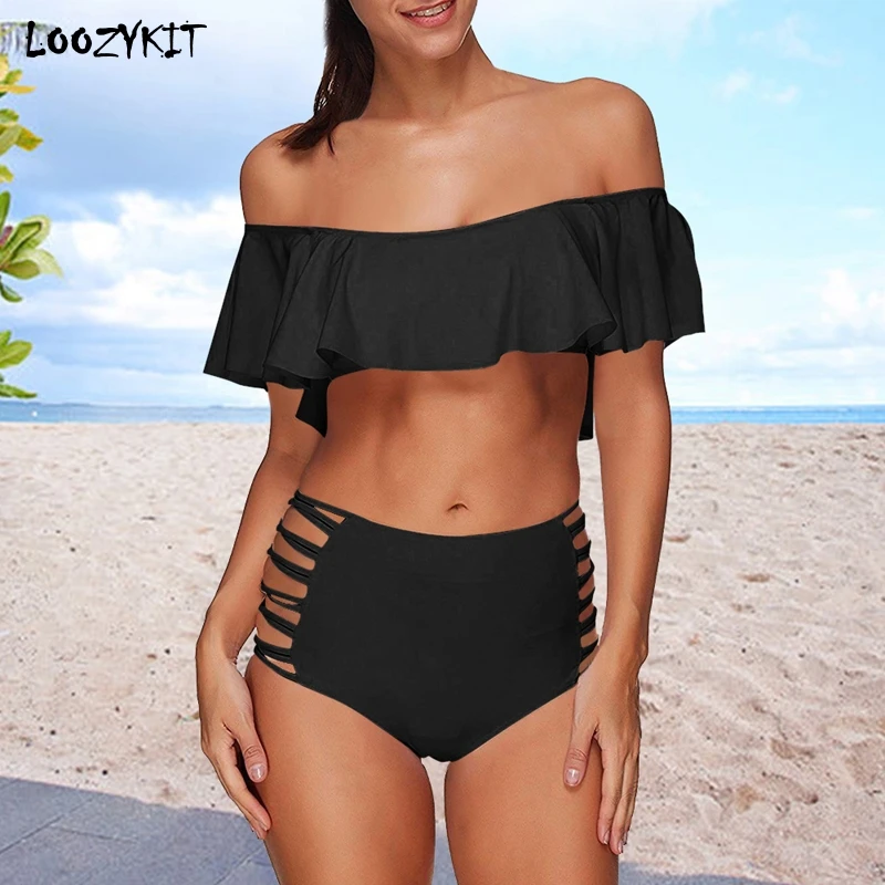 

LOOZYKIT 2019 Summer Sexy Women Bikini Split Large Lotus Leaf Bra Solid Strapless Off Shoulder Backless Push Up Swimsuit Female