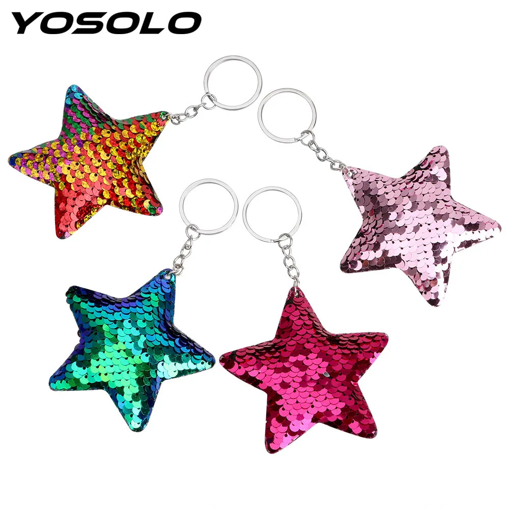 

YOSOLO Auto Keyring Fashion Glitter Key Ring Key Holder Star Sequin Key Chain Car-styling Colorful Women Purse Pendant
