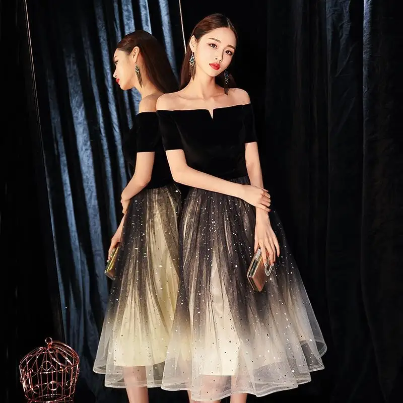 

Short Chinese Oriental Party Wedding Female Off Shoulder Cheongsam Bridesmaid Evening Dress Elegant Celebrity Banquet Dresses