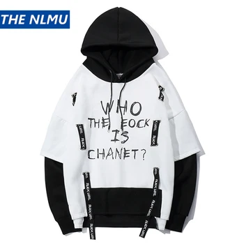 

2019 Streetwear Patchwork Hoodies Men Hip Hop Harajuku Ribbon Sweatshirt Long Sleeve Fashion Spring Autumn Male Hoodies HZ120